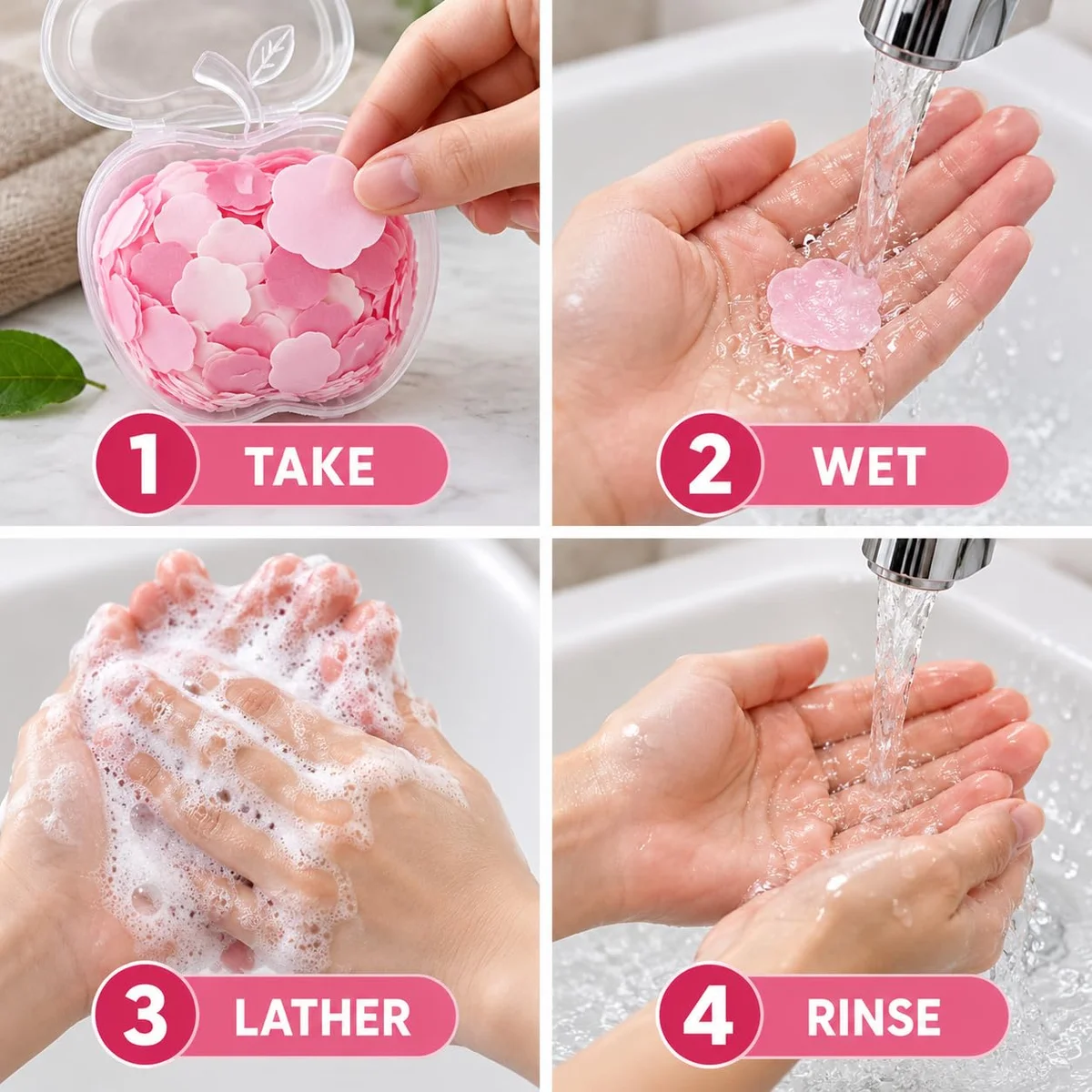 Portable Hand Soap Paper Sheets in Storage Box | Water-Activated Disposable Soap Leaves for Home, Travel, Office & Daily Handwashing | Pink, Pack of 1 2