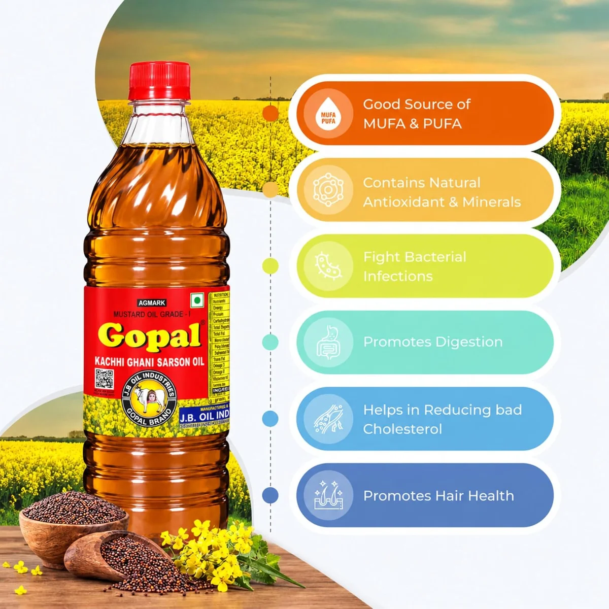 Gopal Kachi Ghani Mustard Oil, 1L – 4