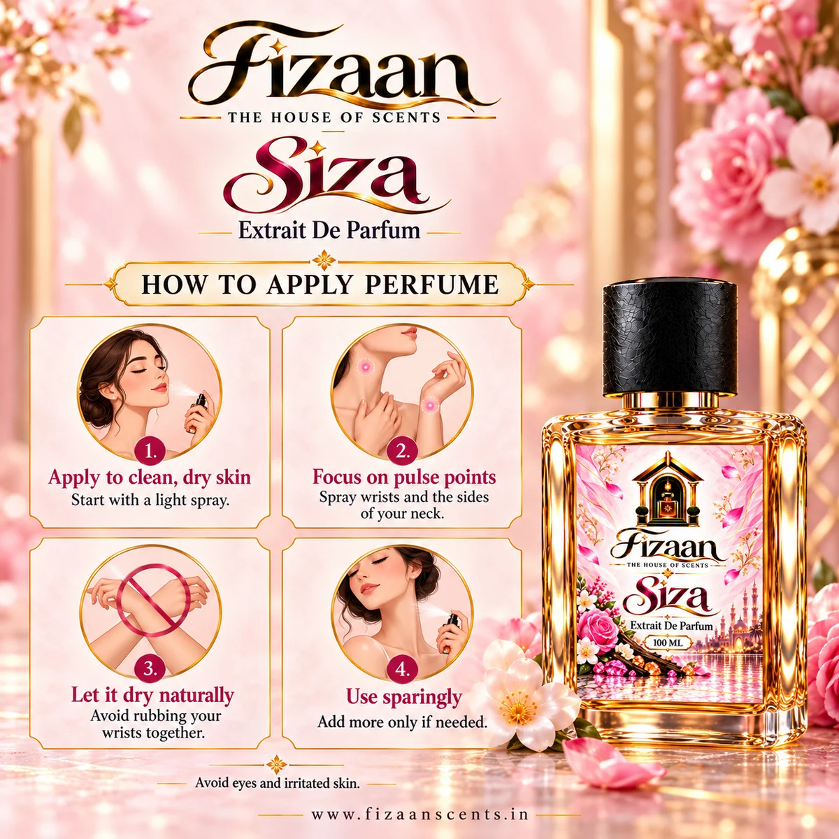 How to apply Fizaan Siza 100 ML Extrait de Parfum for a refined fragrance experience.