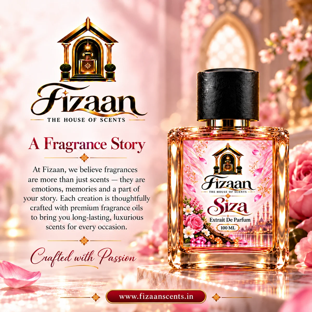Fizaan Siza fragrance story featuring the 100 ML Floral Amber Extrait de Parfum bottle.