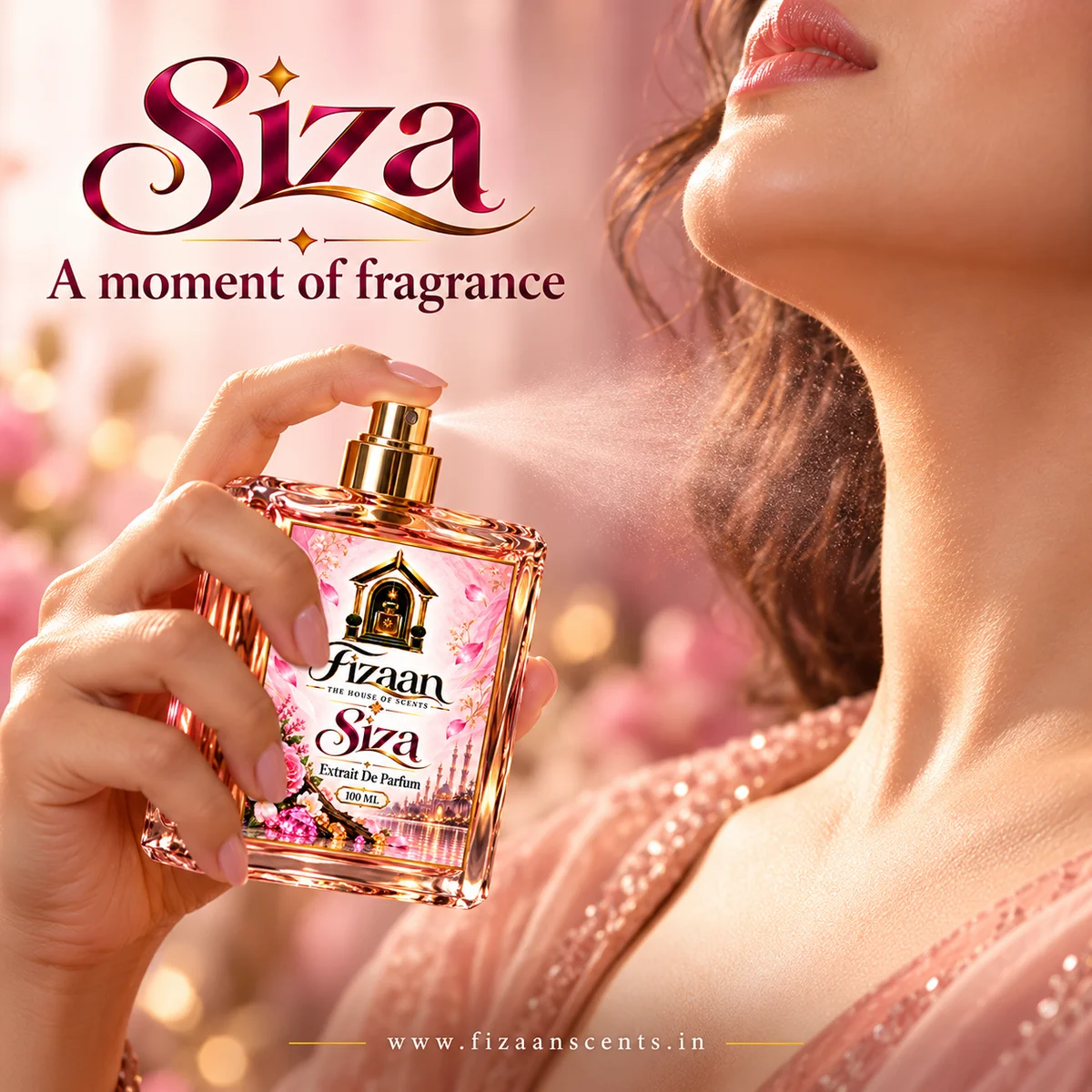 Woman applying Fizaan Siza perfume with the 100 ML bottle displayed.