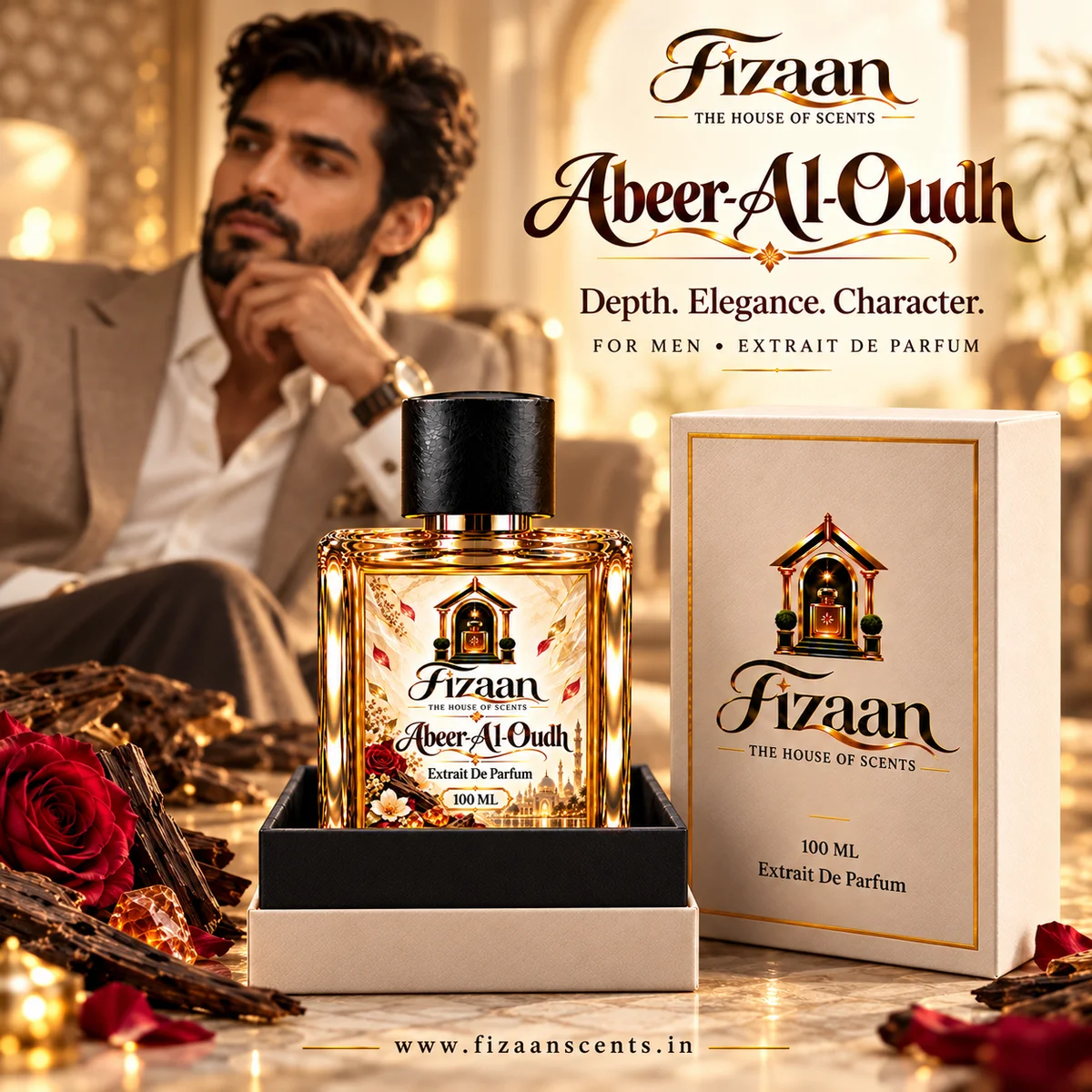 Man wearing Fizaan Abeer-Al-Oudh Extrait de Parfum with the 100 ML bottle and presentation box.