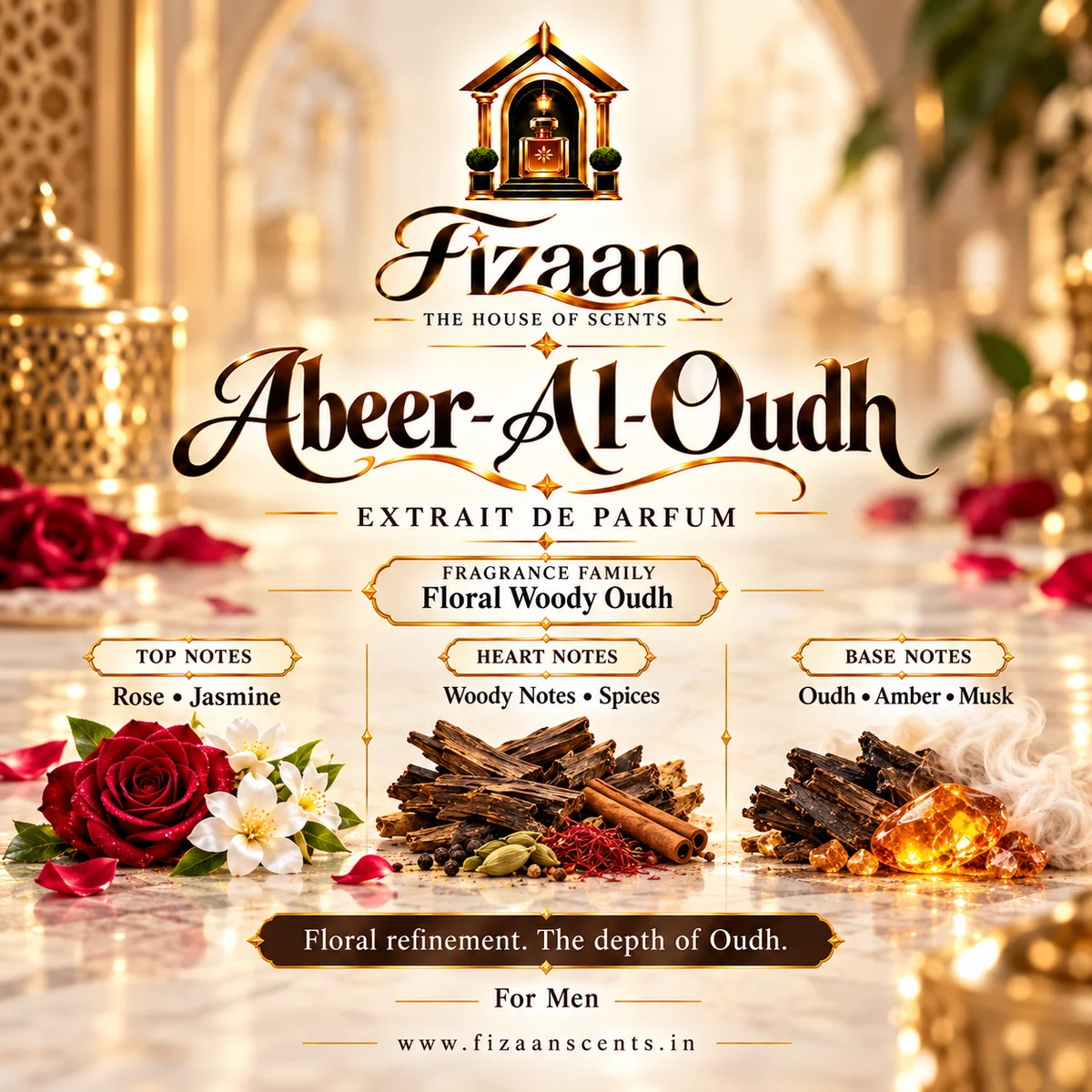 Abeer-Al-Oudh fragrance notes featuring rose, jasmine, woody notes, spices, oud, amber and musk.