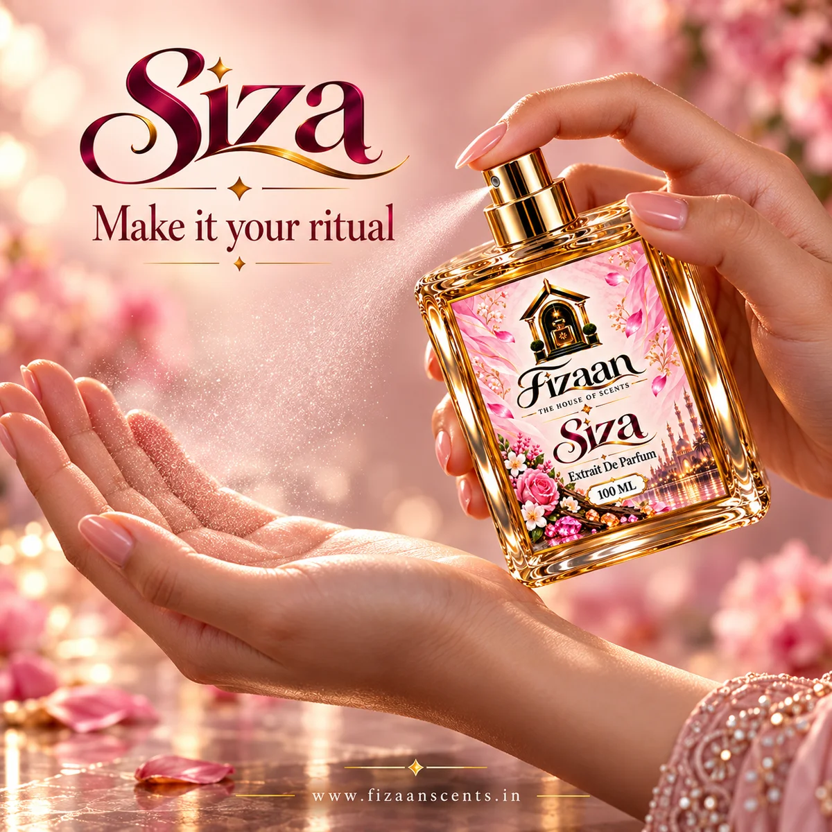 Fizaan Siza Extrait de Parfum being applied to the wrist with the 100 ML bottle.