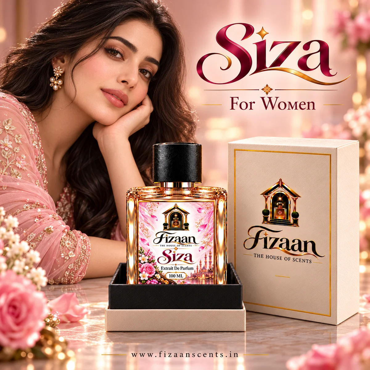 Woman wearing Fizaan Siza Floral Amber Extrait de Parfum with the 100 ML bottle and presentation box.