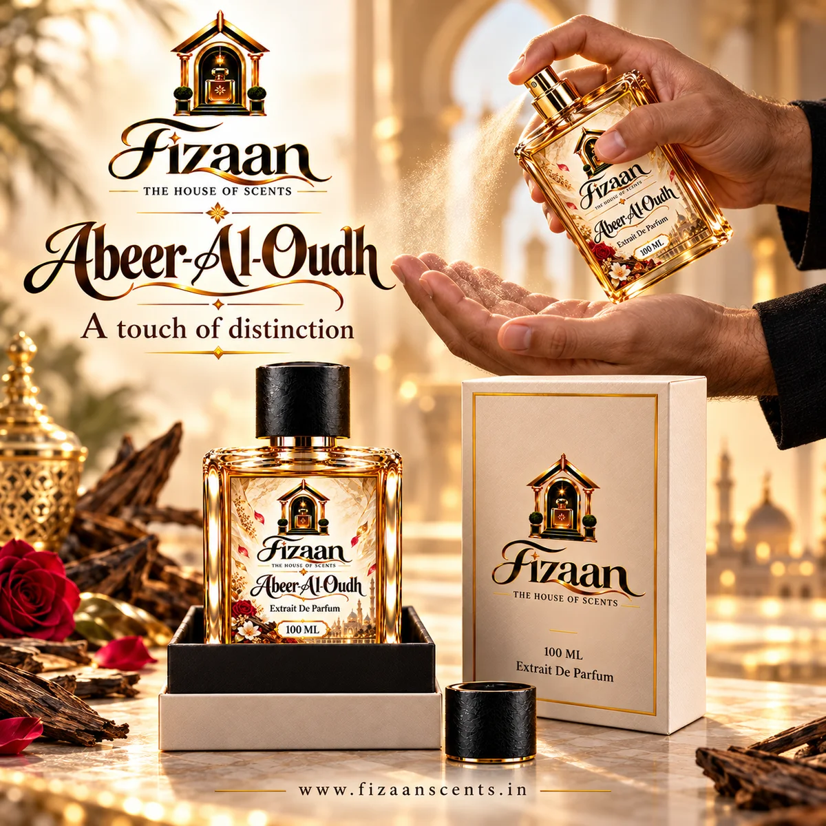 Fizaan Abeer-Al-Oudh perfume being sprayed on the wrist with the 100 ML bottle and box displayed.