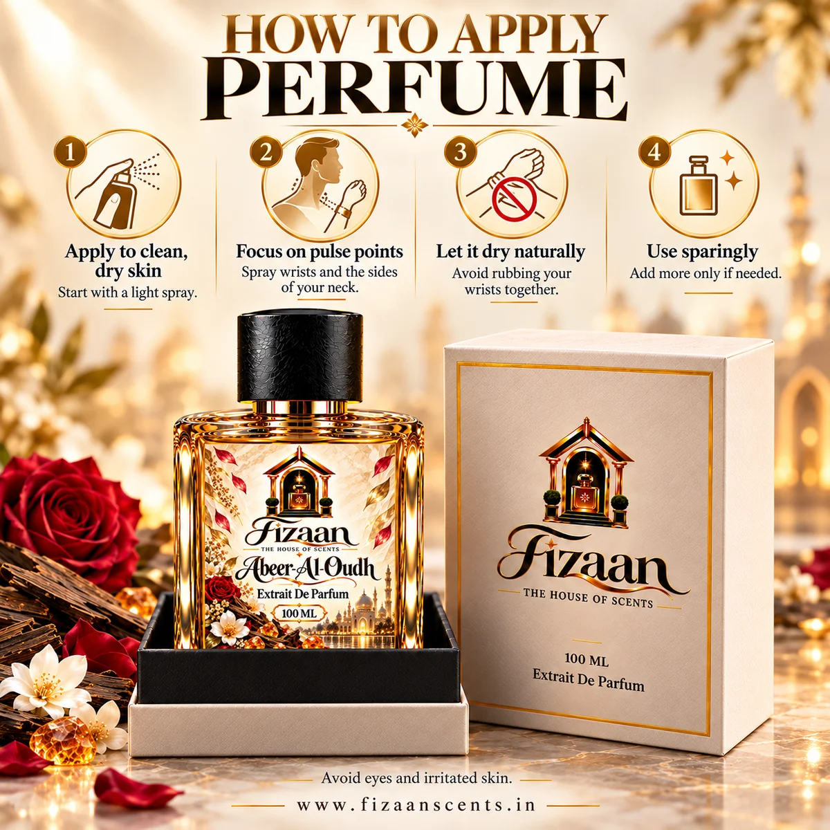 How to apply Fizaan perfume guide featuring Abeer-Al-Oudh 100 ML Extrait de Parfum.