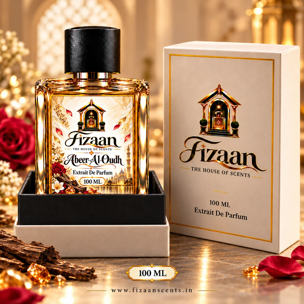 Fizaan Abeer-Al-Oudh 100 ML Extrait de Parfum bottle with premium beige Fizaan presentation box.