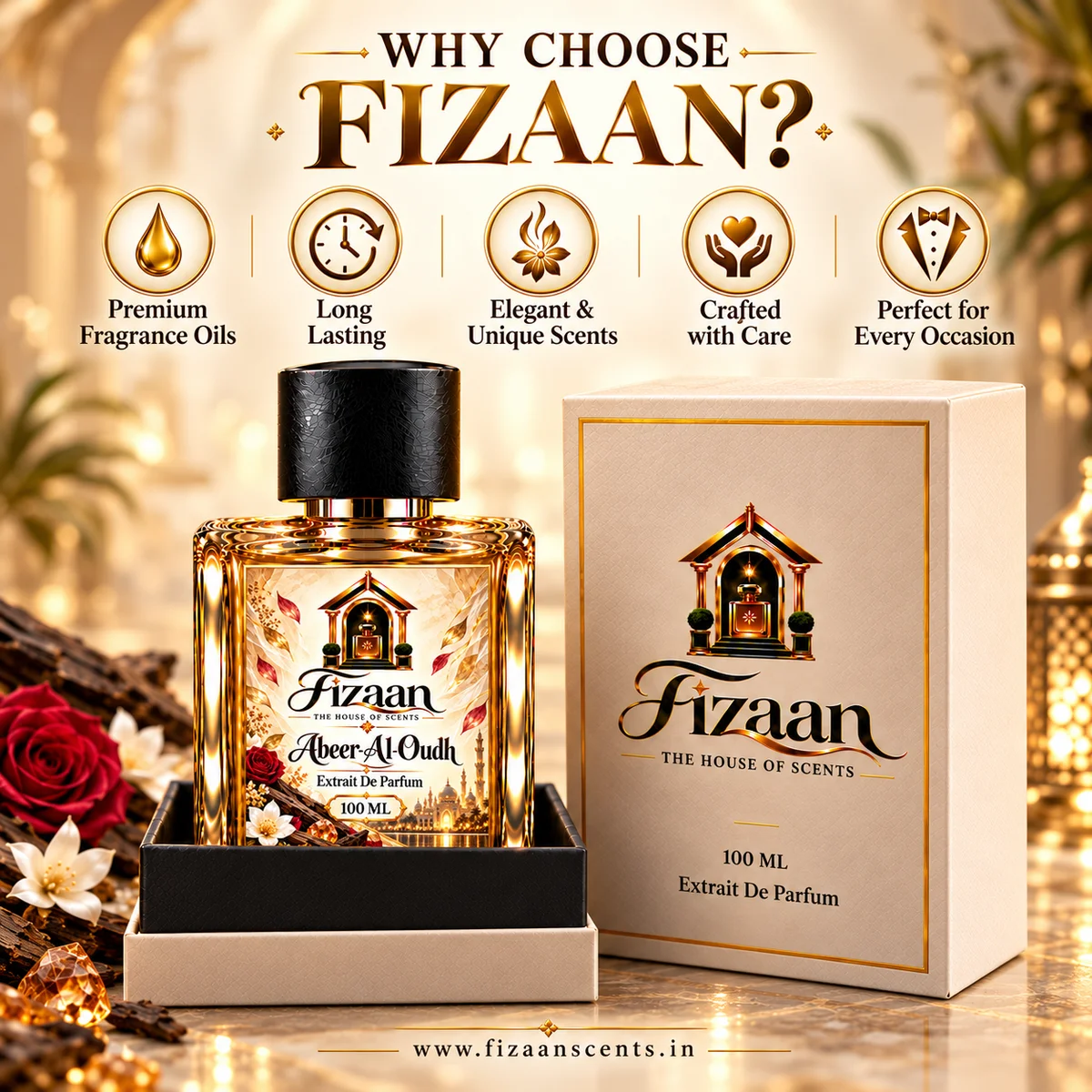 Why choose Fizaan fragrance guide with Abeer-Al-Oudh perfume bottle and premium presentation box.