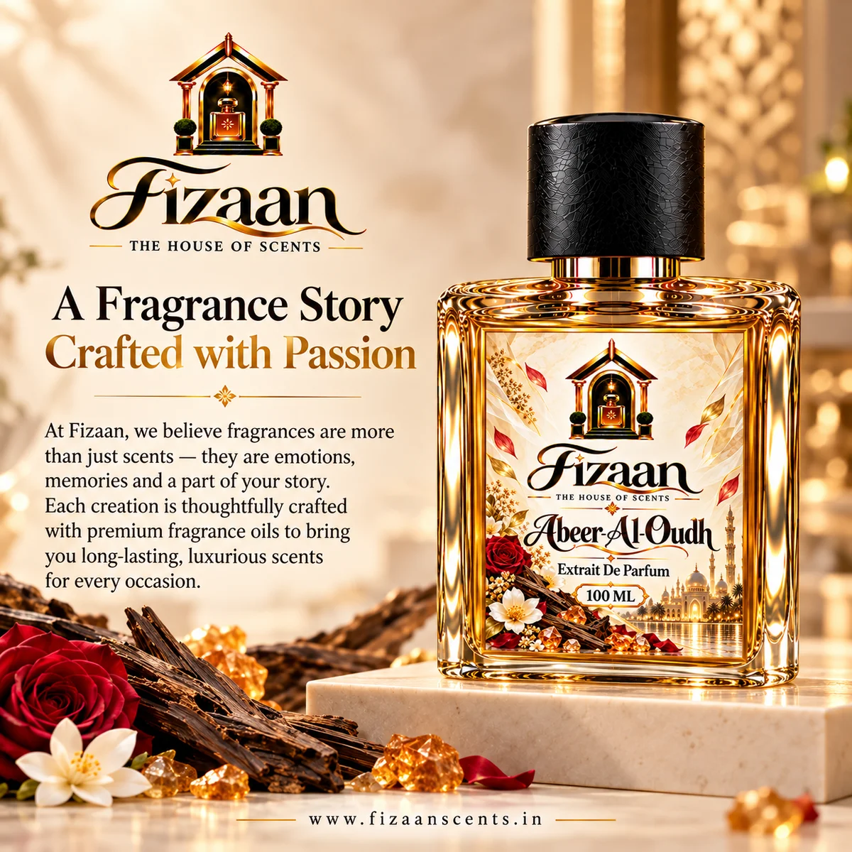 Fizaan Abeer-Al-Oudh fragrance story featuring the 100 ML Extrait de Parfum bottle and oud-inspired details.
