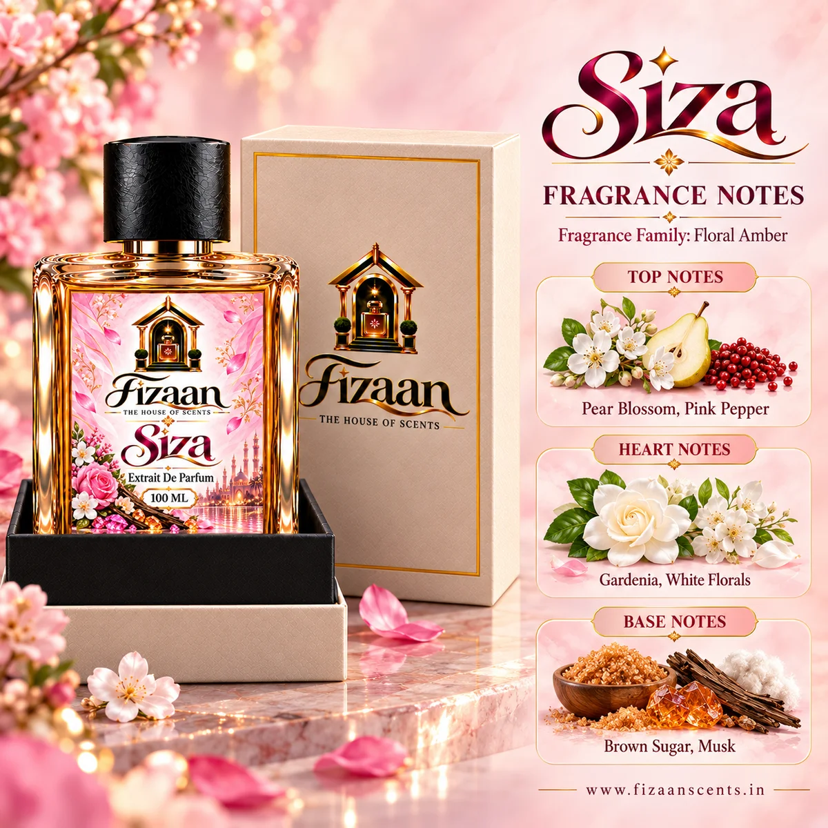 Fizaan Siza fragrance notes featuring pear blossom, pink pepper, gardenia, white florals, brown sugar and musk.