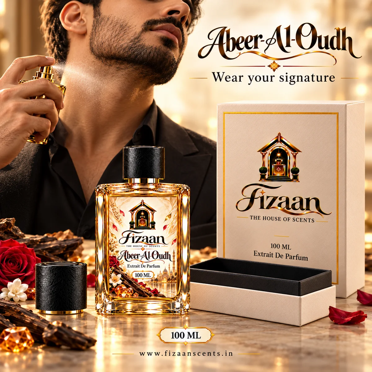 Man applying Fizaan Abeer-Al-Oudh perfume to his neck beside the 100 ML bottle and Fizaan box.
