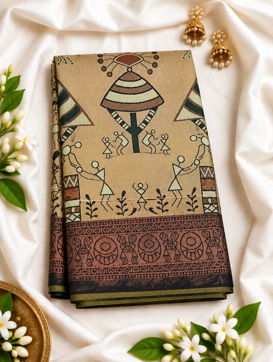 Premium Jacquard Saree with Elegant Traditional Folk Art Design