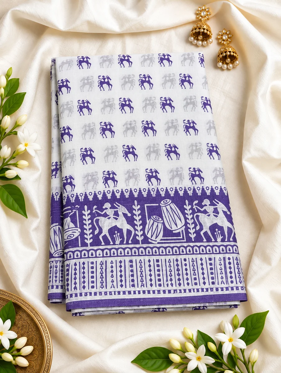 Premium Mul Mul Cotton Saree with Elegant Horse Rider & Tribal Folk Art Print