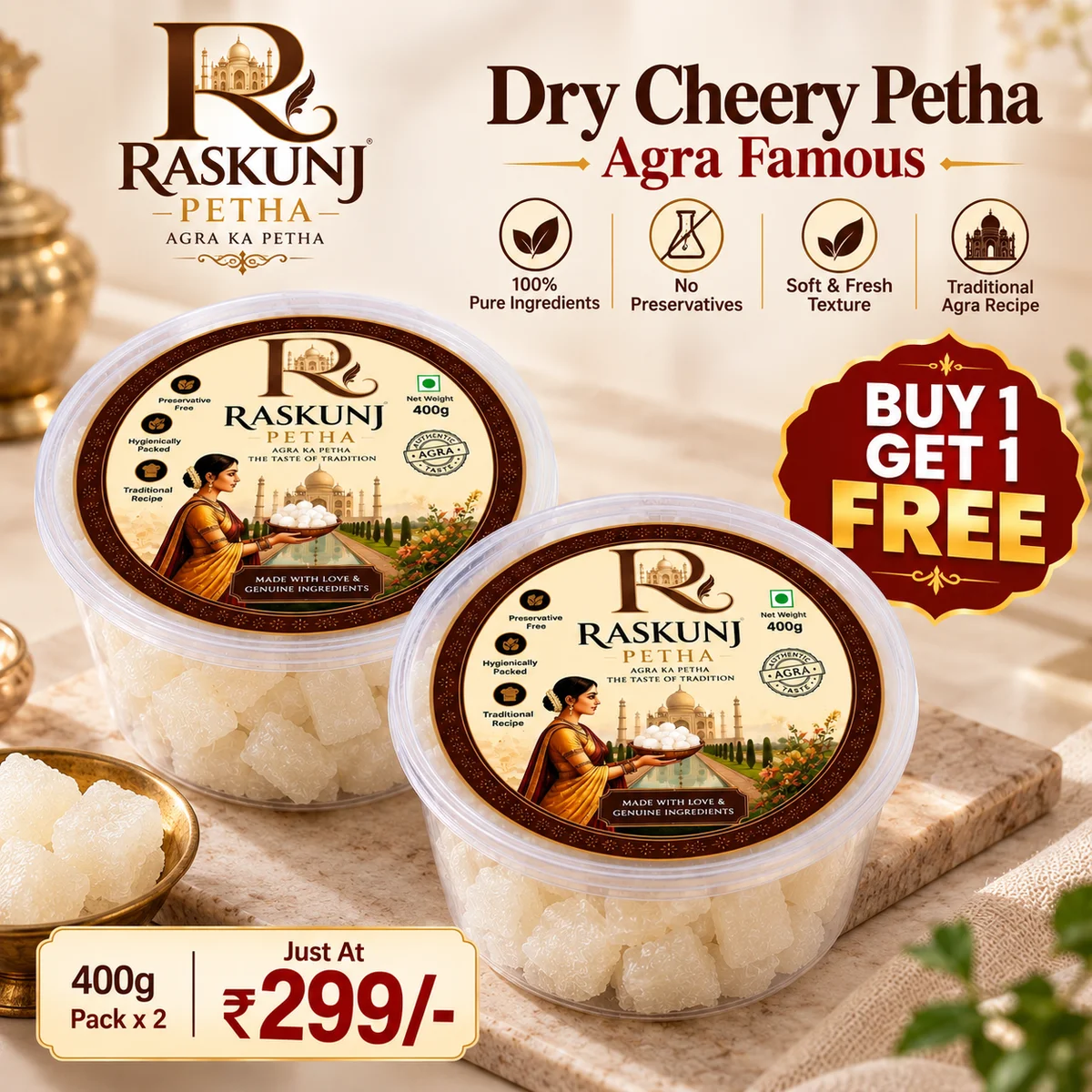 RASKUNJ Premium Dry Cherry Petha | Authentic Agra Sweet