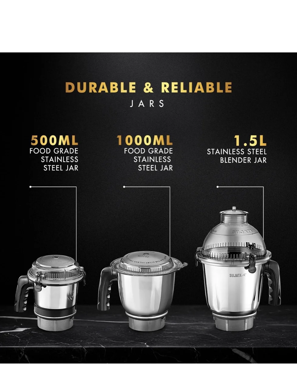 Sujata MG02 Mixer Grinder 1000Watts | Double Ball Bearing Motor|24000 RPM|Non-Stop 90 Mins Running|3 Food Grade Steel Jars including 1500ml Multipurpose, 1000ml Grinder, 500ml Chutney Jar| (Black) 2