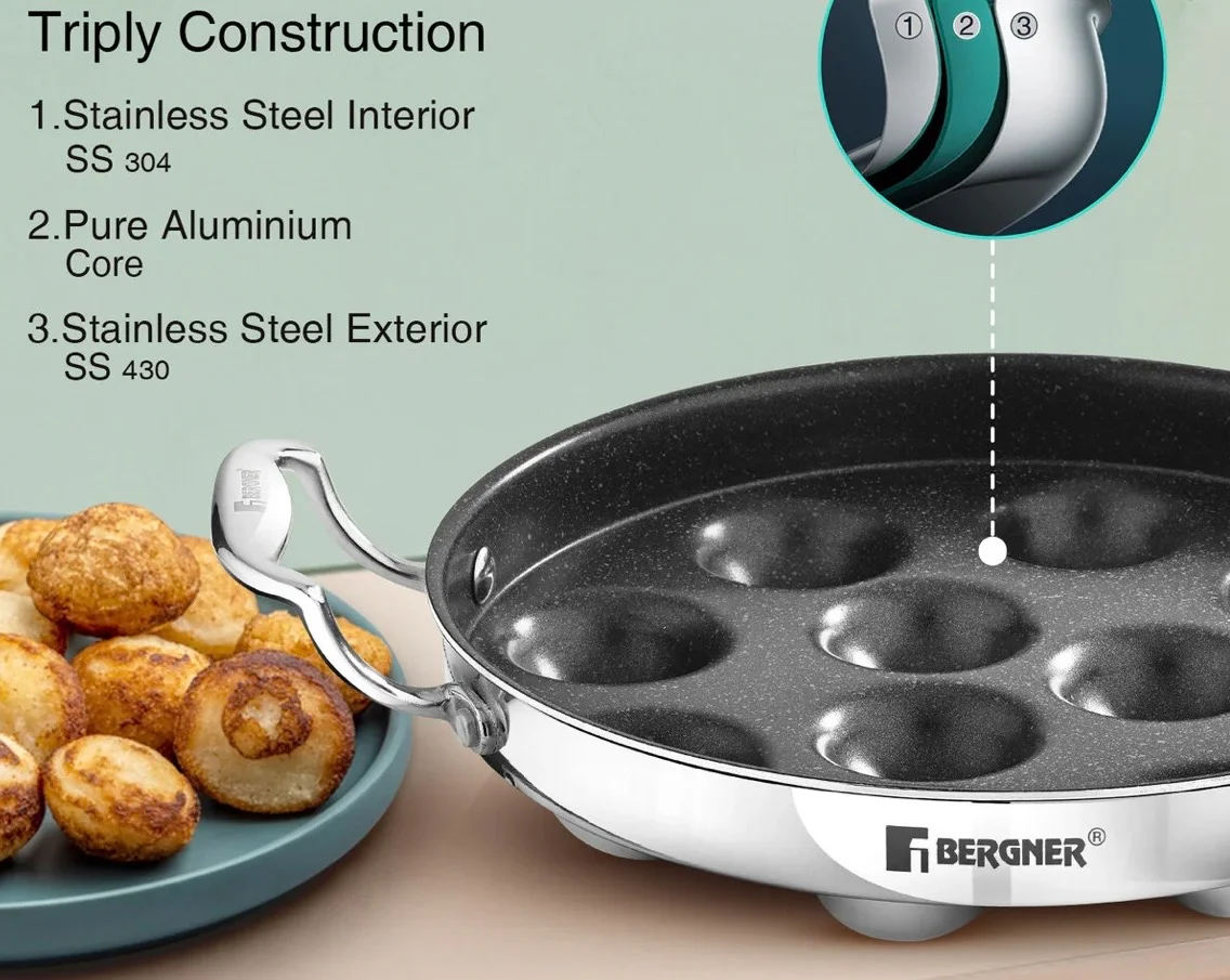 Bergner Argent Samsara Tri-Ply BERGNER Stainless Steel Round Paniyarakkal with 11 Pits 3