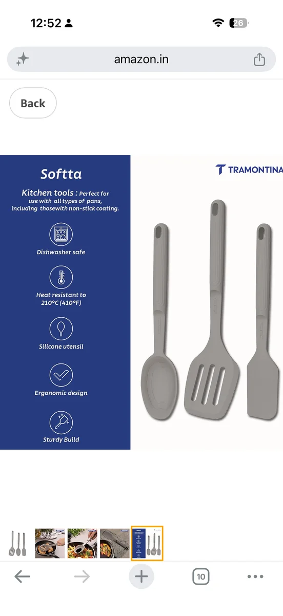 Tramontina Softta Silicone Kitchen Tools Set of 3 (Grey) – Turner, Spatula & Spoon – Heat Resistant up to 210°C – Safe for Nonstick & Ceramic Cookware 2