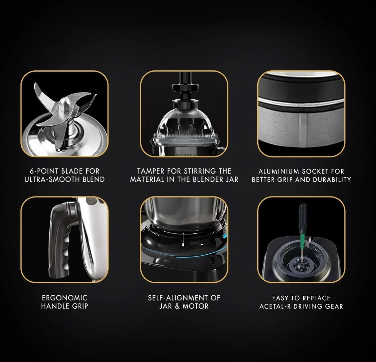 Sujata MG02 Mixer Grinder 1000Watts | Double Ball Bearing Motor|24000 RPM|Non-Stop 90 Mins Running|3 Food Grade Steel Jars including 1500ml Multipurpose, 1000ml Grinder, 500ml Chutney Jar| (Black) 3