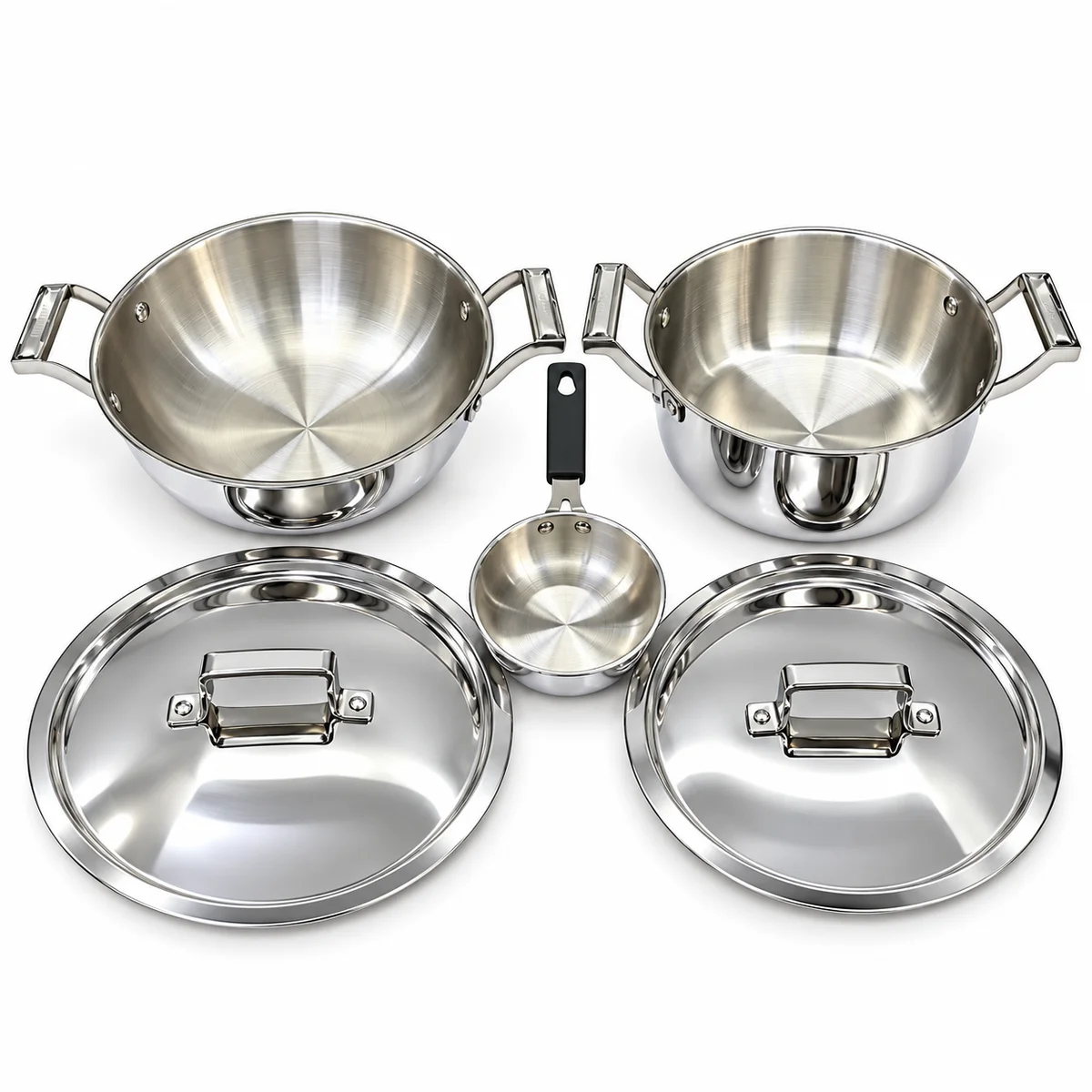 Tri-ply 5pc combo 24cm kadai 22cm casserole 24cm lid 22cm lid 12cm tadka pan