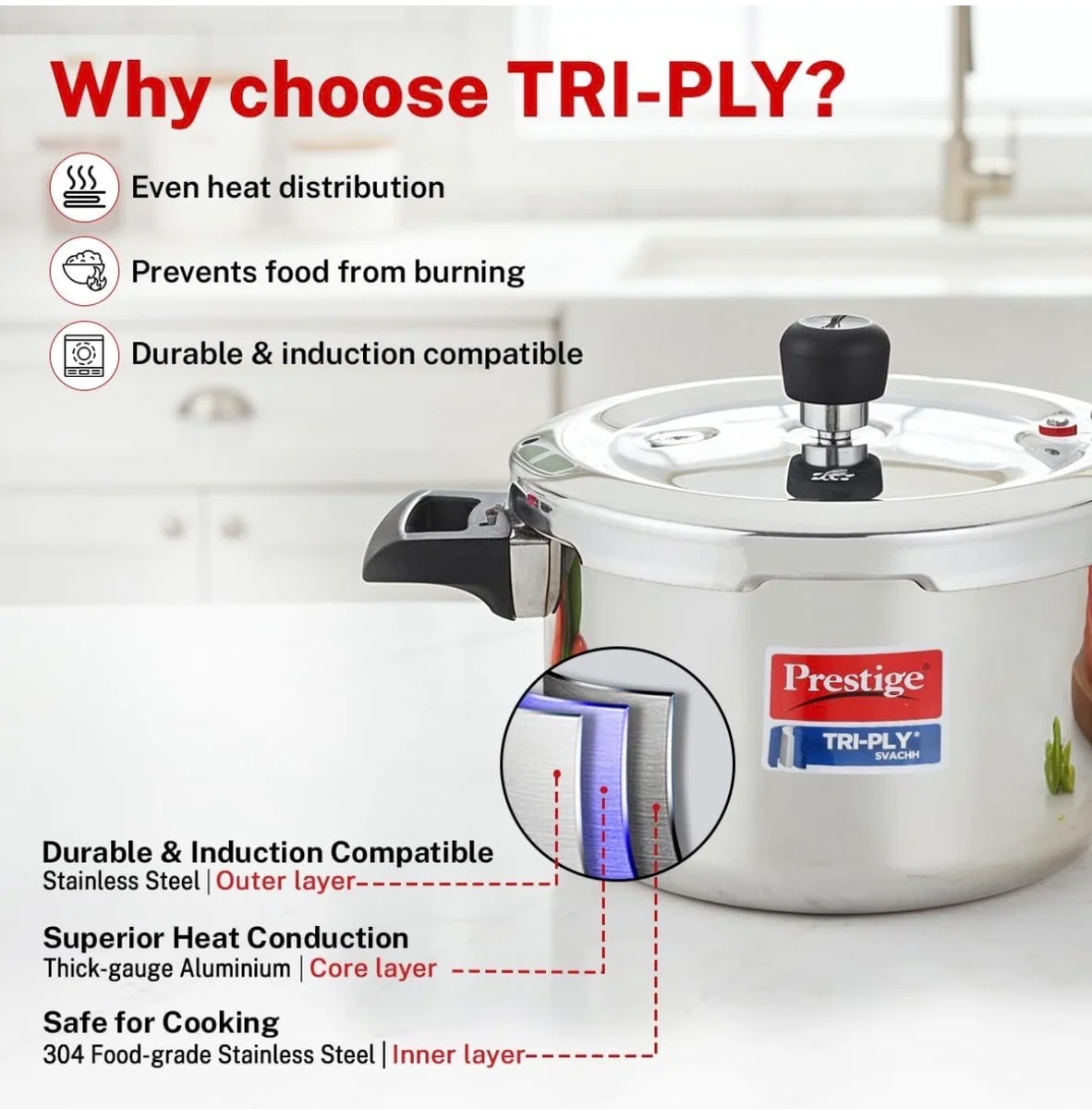 Prestige 5 Litre Triply Svachh Outerlid Pressure Cooker|Deep lid for spillage control|Gas & Induction Compatible|Triply body for even heating|Gasket Release System|5 Years warranty 3