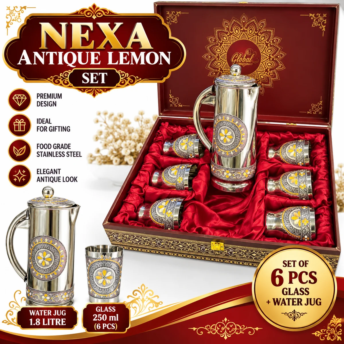 Nexa antique lemon set 6pcs glass 250ml Water jug 1.8 litre