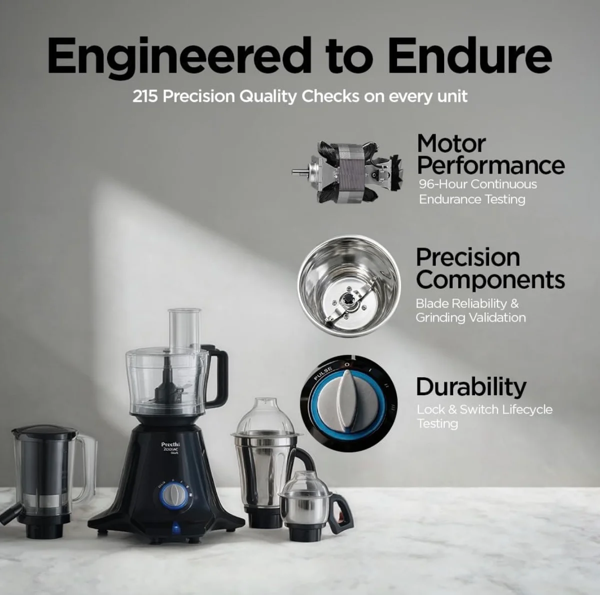 Preethi Zodiac Black 750W Mixer Grinder with 5 Jars for Food Processing, Juicing, and Grinding 5