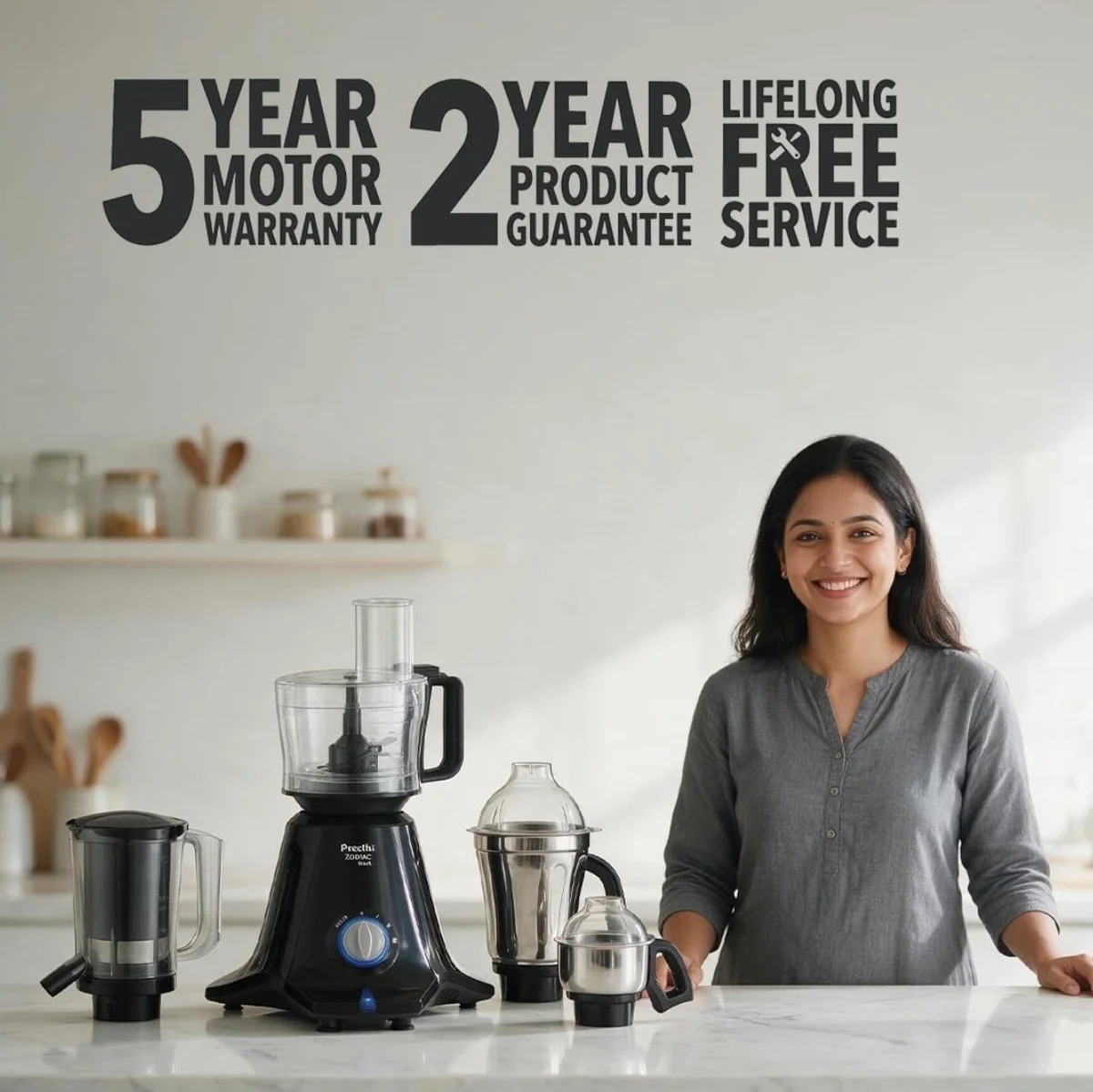 Preethi Zodiac Black 750W Mixer Grinder with 5 Jars for Food Processing, Juicing, and Grinding 6