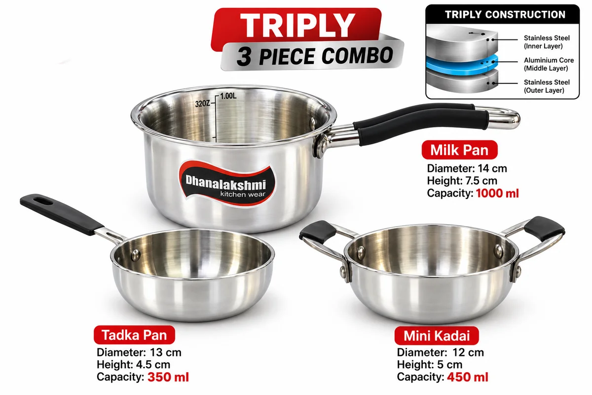 Tri-ply 3pc combo milk pan tadka pan mini kadai 3