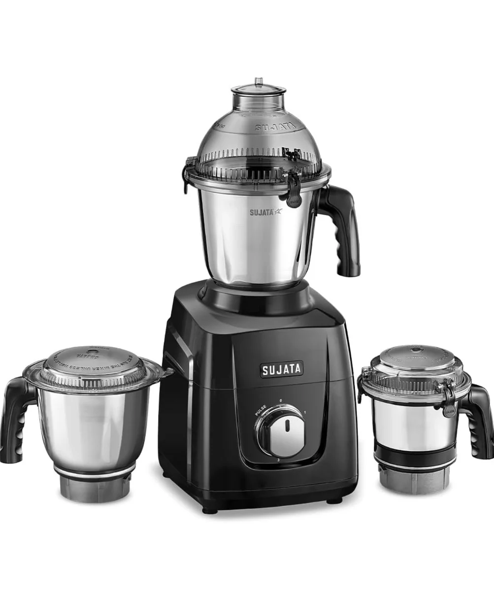 Sujata MG02 Mixer Grinder 1000Watts | Double Ball Bearing Motor|24000 RPM|Non-Stop 90 Mins Running|3 Food Grade Steel Jars including 1500ml Multipurpose, 1000ml Grinder, 500ml Chutney Jar| (Black)