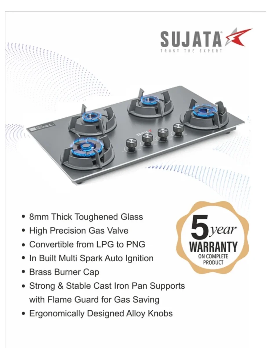 SUJATA Osmium 4B Auto Ignition Gas Stove Fast Cooking Hob Design Iron, Stainless Steel Automatic Hob (4 Burners 6