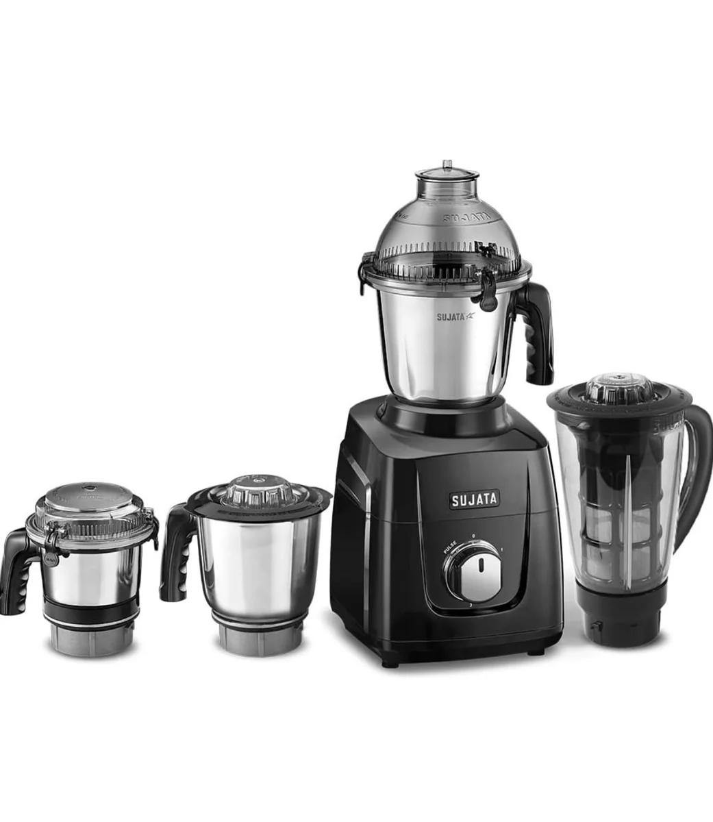 Sujata MG03 Mixer Grinder|1000 Watts Double Ball Bearing Motor Polycarbonate|24000 RPM|Non-Stop 90 Mins|4 Jars including 1750ml Blender with Coconut Milk Extractor, 1500ml, 1000ml, 500ml Jar| (Black)