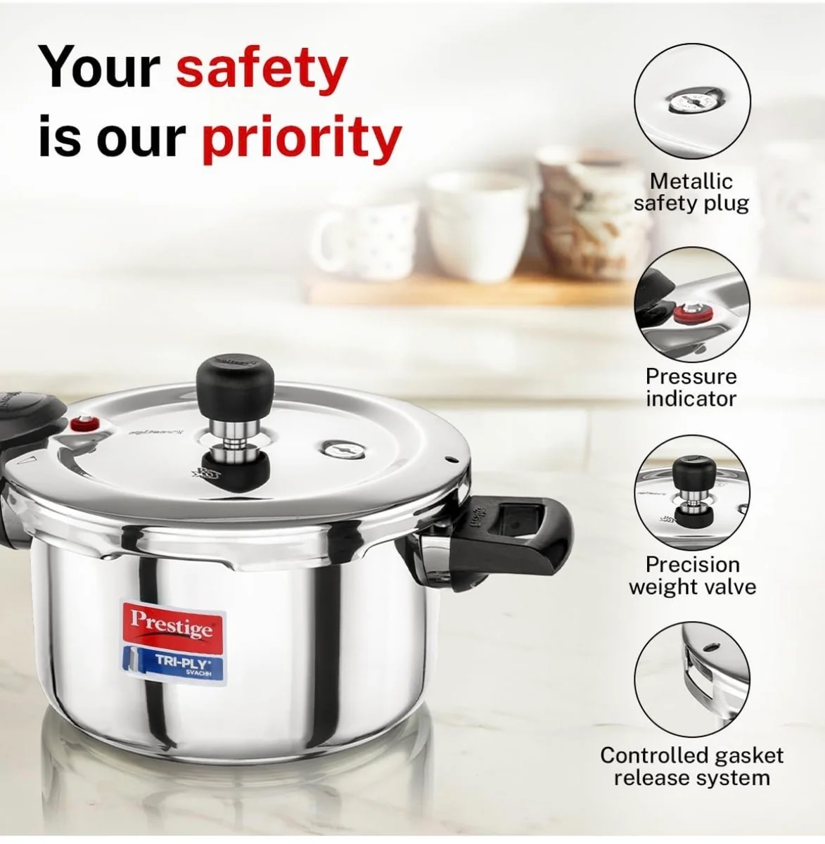 Prestige 5 Litre Triply Svachh Outerlid Pressure Cooker|Deep lid for spillage control|Gas & Induction Compatible|Triply body for even heating|Gasket Release System|5 Years warranty 2