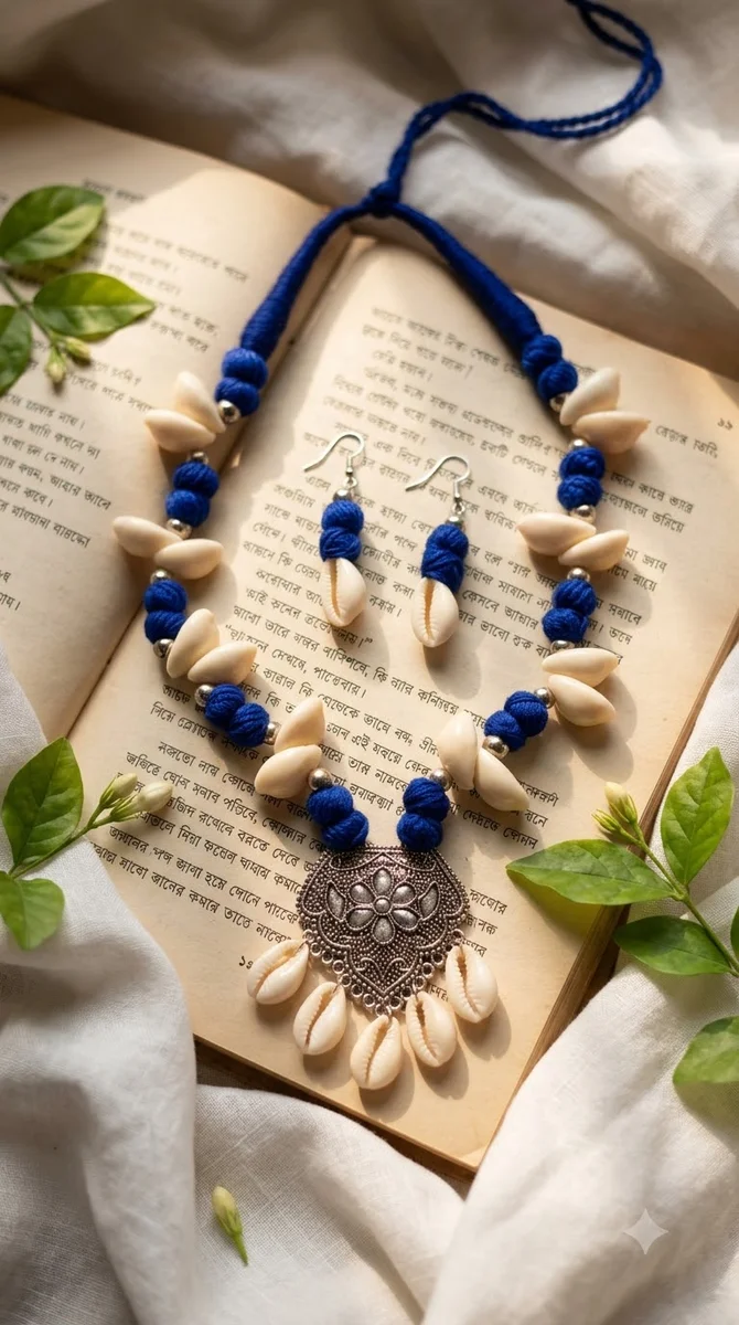 Blue Thread & Cowrie Shell Necklace Set - 01