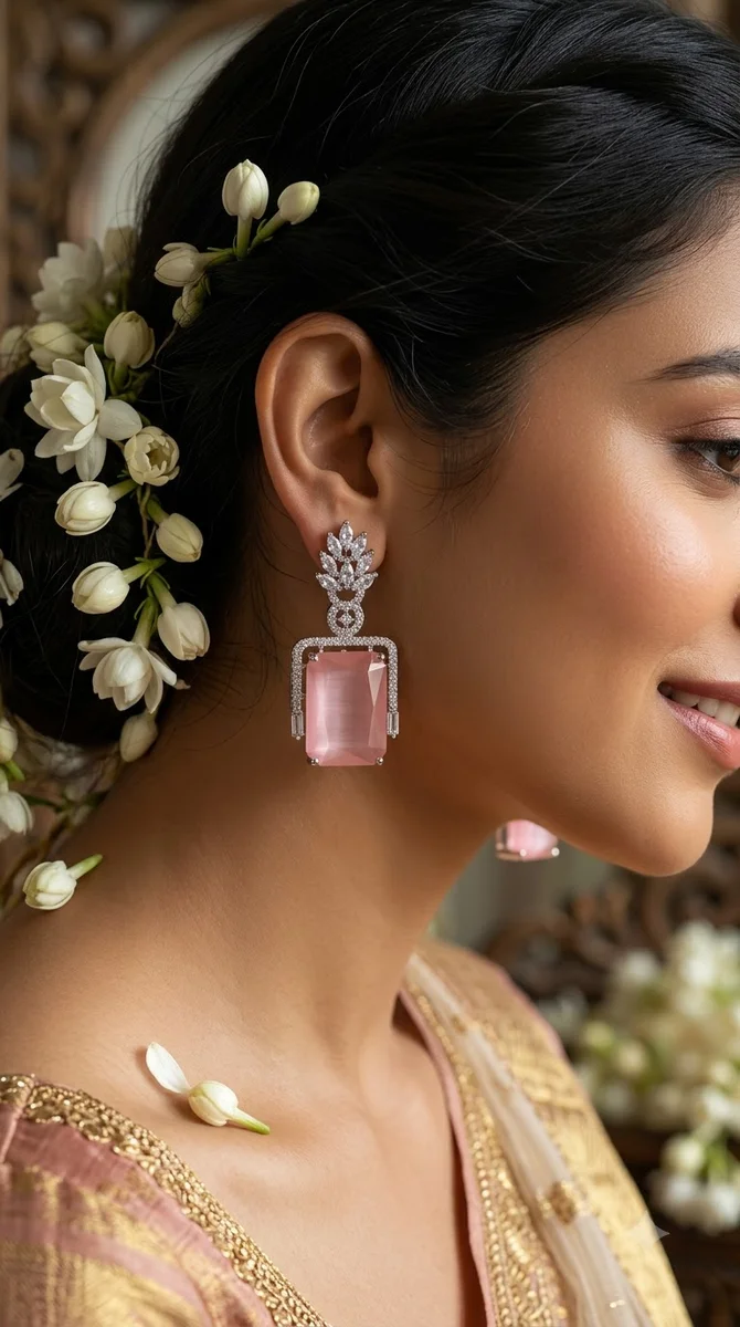 American Diamond Pink Stone Earrings - 04