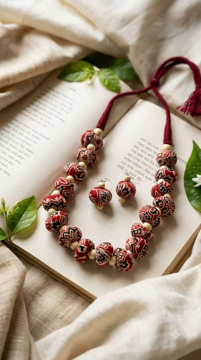 Fabric Bead Necklace & Earrings Set - 02