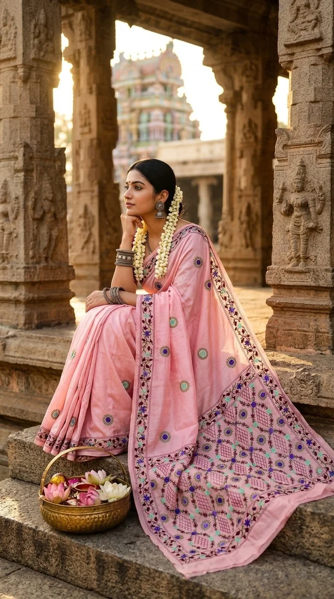 Phulkari Hand Stitch Chanderi Saree - 06