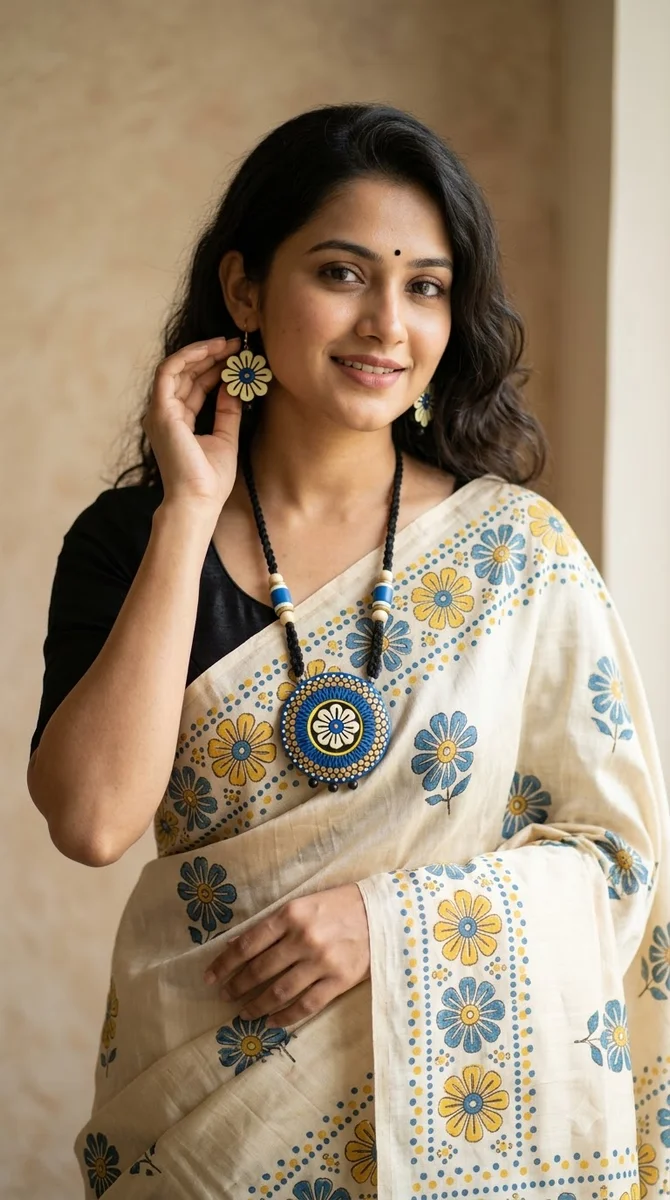 Blue & Yellow Floral Statement Necklace Set - 02