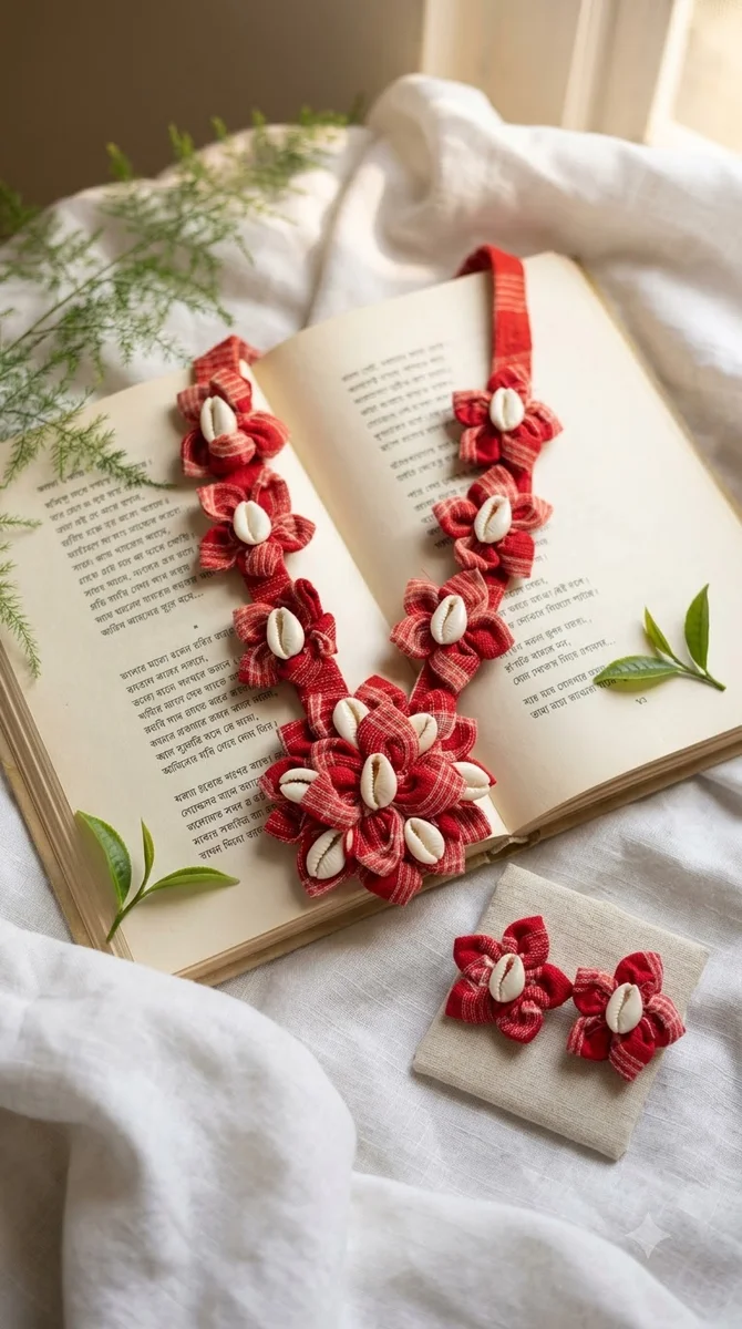 Fabric Flower & Shell Necklace Set - 03