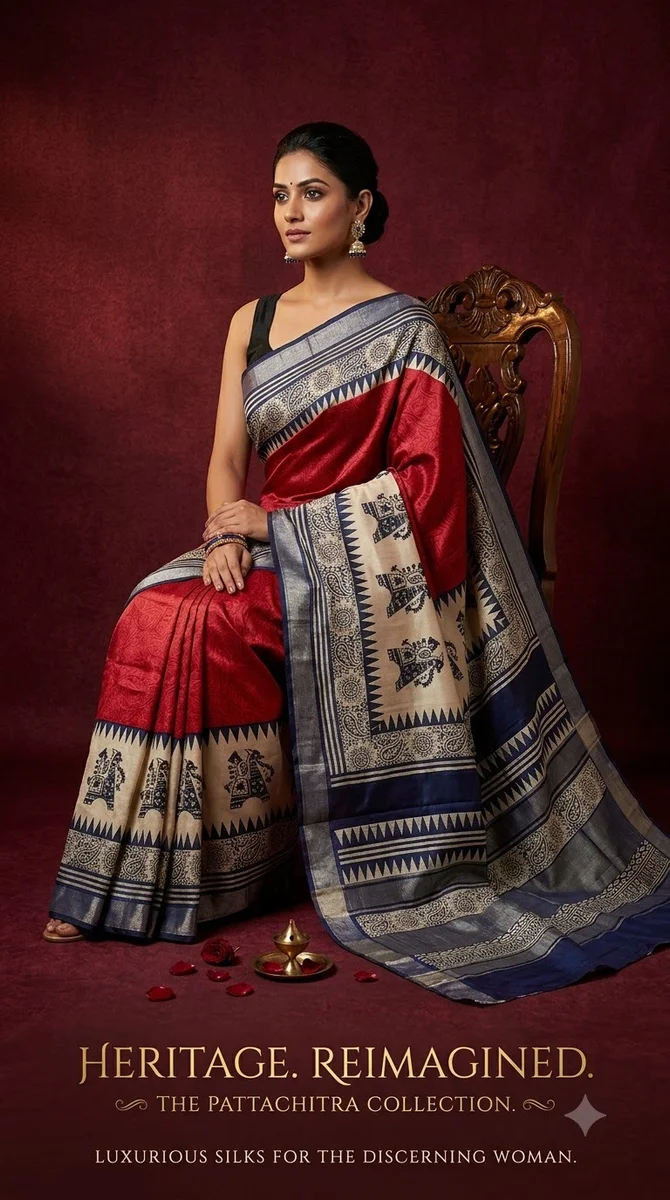 SCREEN PRINT ON ZARI BORDER SILK CHANDERI SAREE