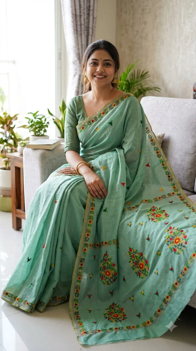 Chanderi Hand Stitch Saree - Pharshi - 04