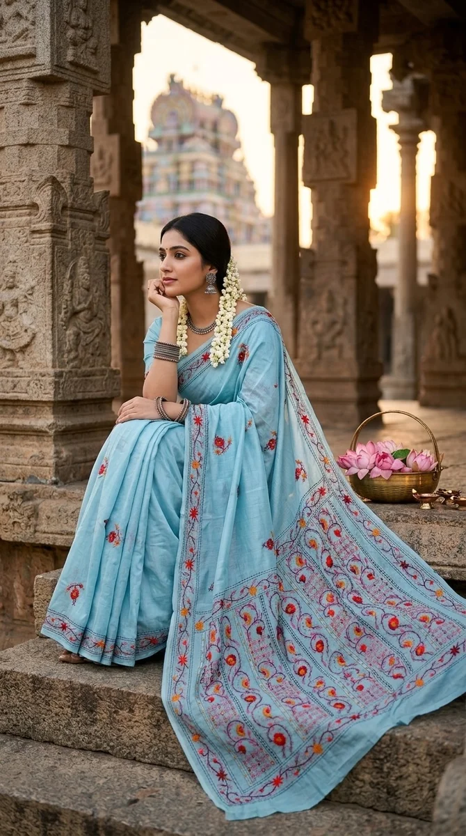 Phulkari Hand Stitch Chanderi Saree