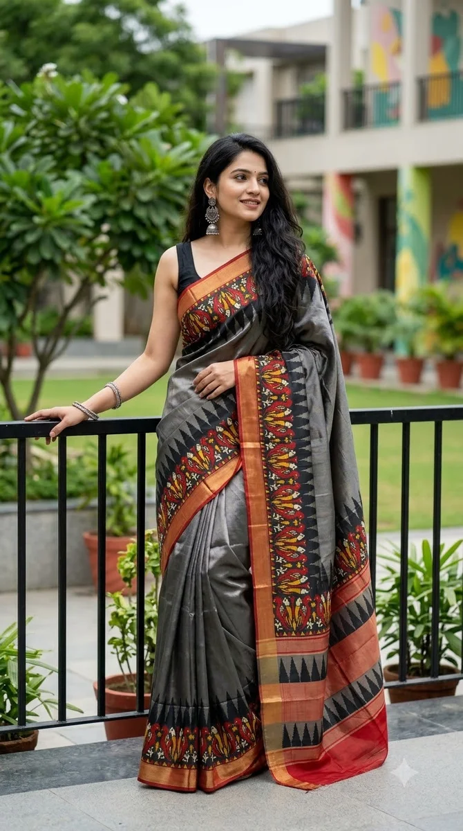 SCREEN PRINT ON ZARI BORDER SILK CHANDERI SAREE