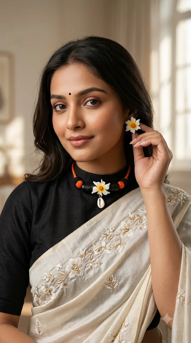 Floral Thread Necklace & Earrings Set - 10