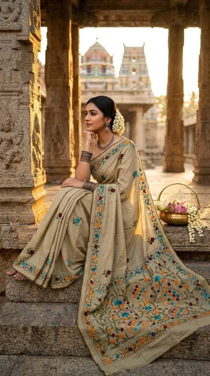 Phulkari Hand Stitch Chanderi Saree - 03
