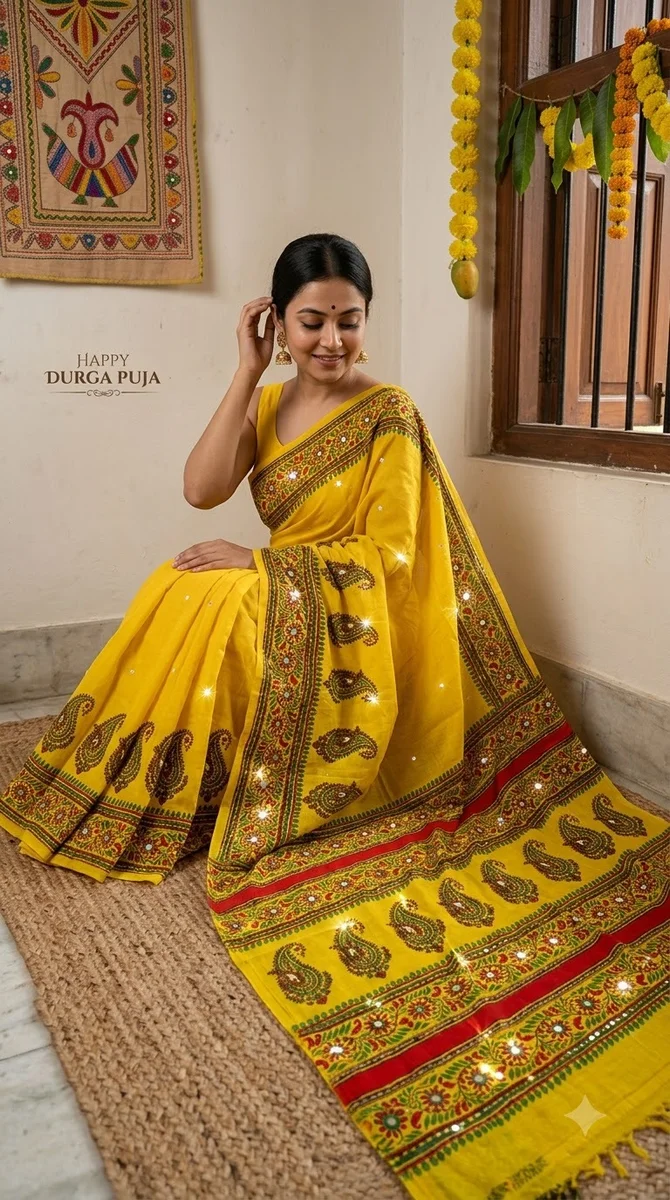 Mirror Work Silk Block Print Saree
