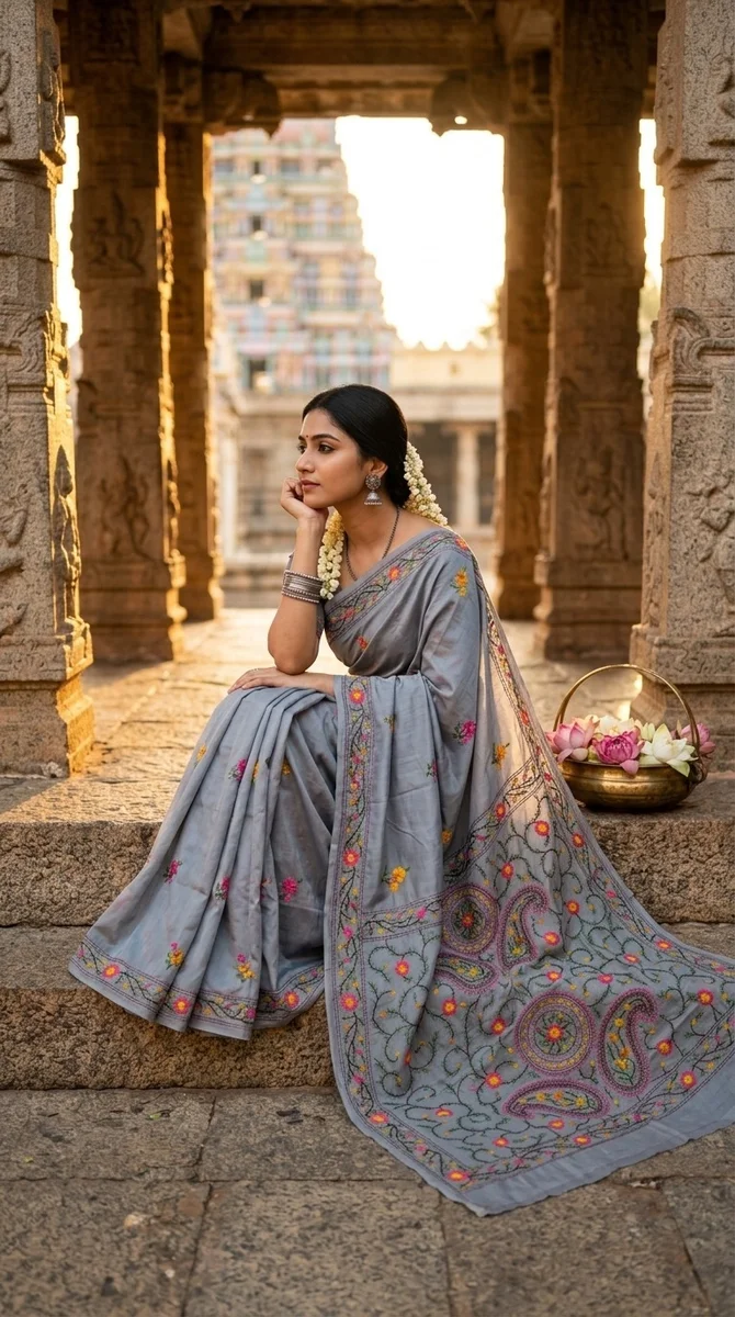 Phulkari Hand Stitch Chanderi Saree - 02