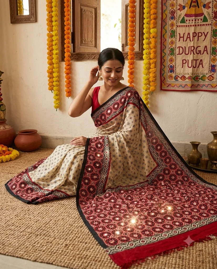 Mirror Work Silk Block Print Saree - 02