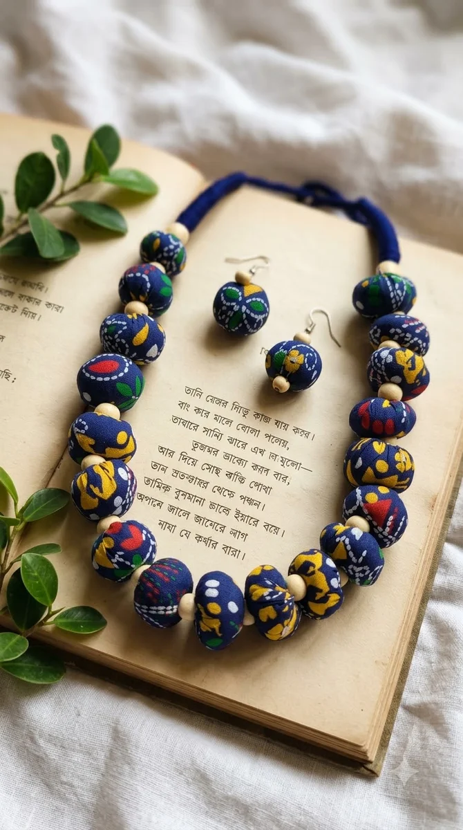 Fabric Bead Necklace & Earrings Set -01