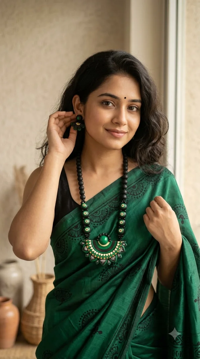 Green Statement Necklace & Earrings Set - 01